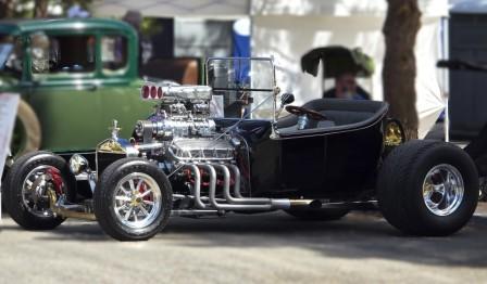 Pahrump Fall Festival Parade & Car Show - image of an 1923 T-bucket conversion hotrod with dual carbs and blower intakes circa '60's & '70's.