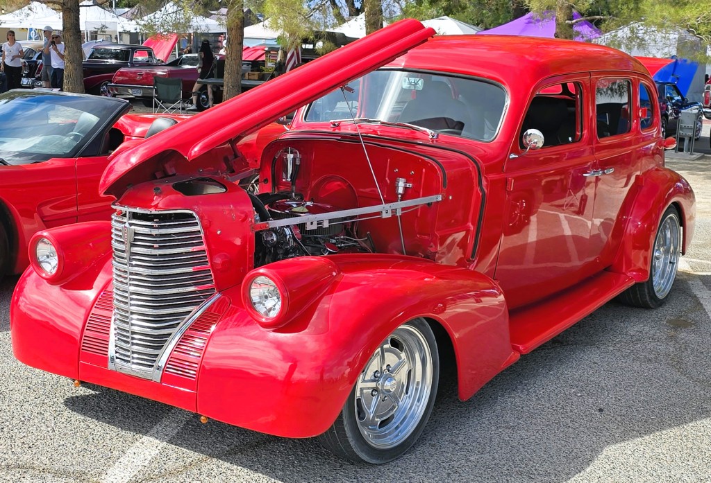 Pahrump Fall Festival Parade & Car Show - image of a customized hotrod sedan circa '30's with all the bells and whistles.