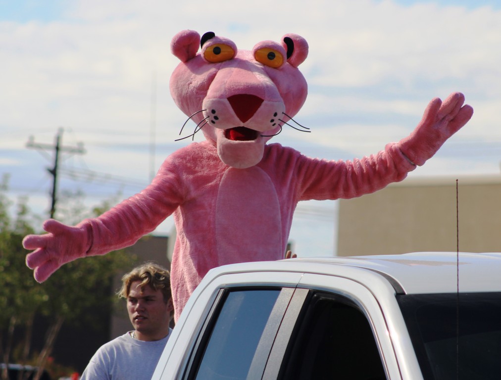 Pahrump Fall Festival Parade & Car Show - image of Aspen Insulation Float with Pink Panther mascot.