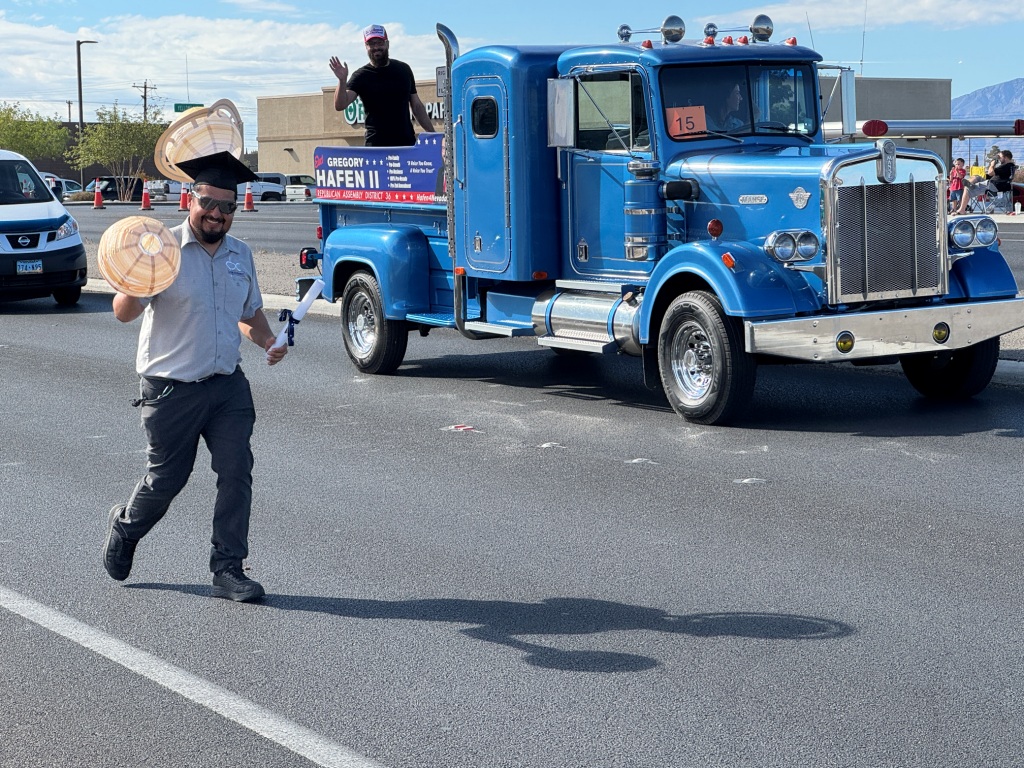 Pahrump Fall Festival Parade & Car Show - image of a waving assemblyman on his float.