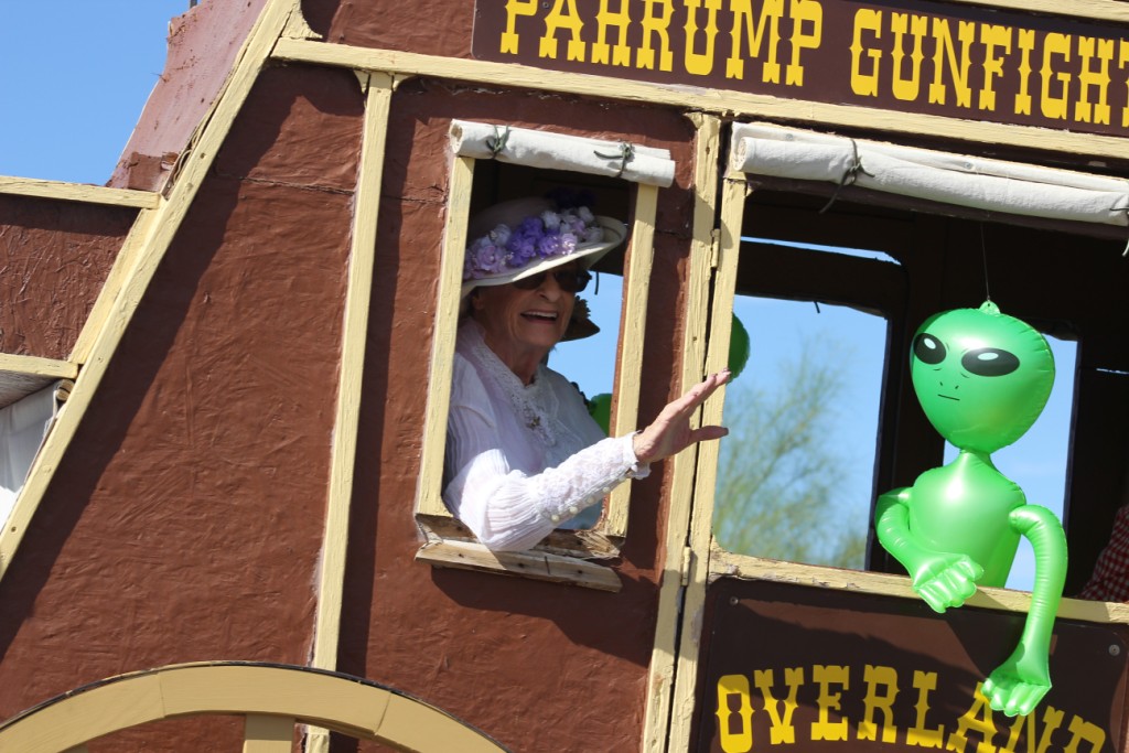 Pahrump Fall Festival Parade & Car Show - image of Pahrump Gunfighters stage float and followers.