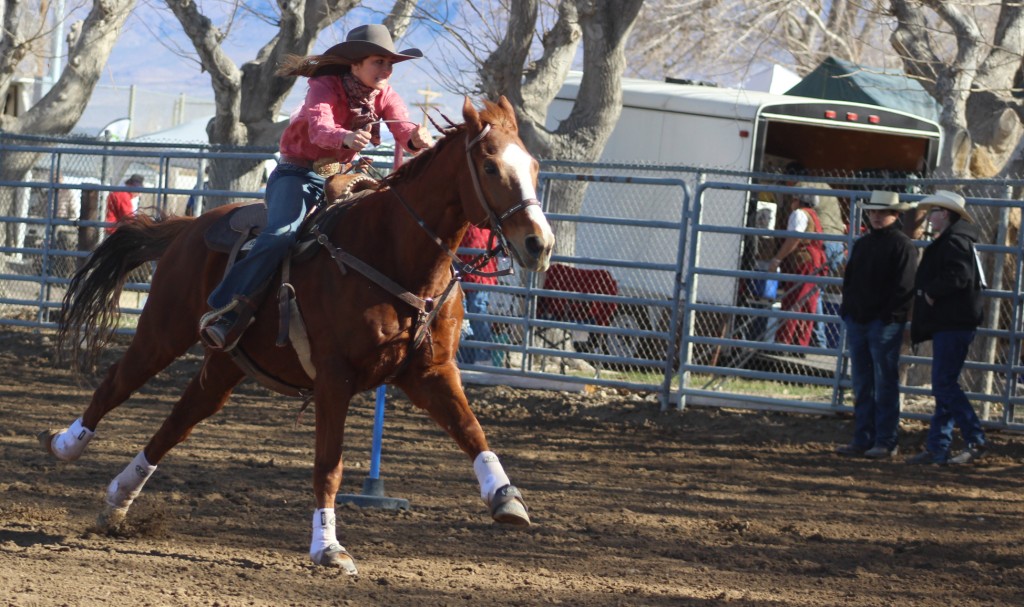 Poll-bending event as rider dressed only in collared shirt and bandanna complete time trial in the frigid cold as Grandstand crowd at McCullough Arena, Pahrump NV, as seen in: rodeo Moapa Valley HS, rodeo Las Vegas HS, rodeo Boulder City HS, and rodeo Pahrump.