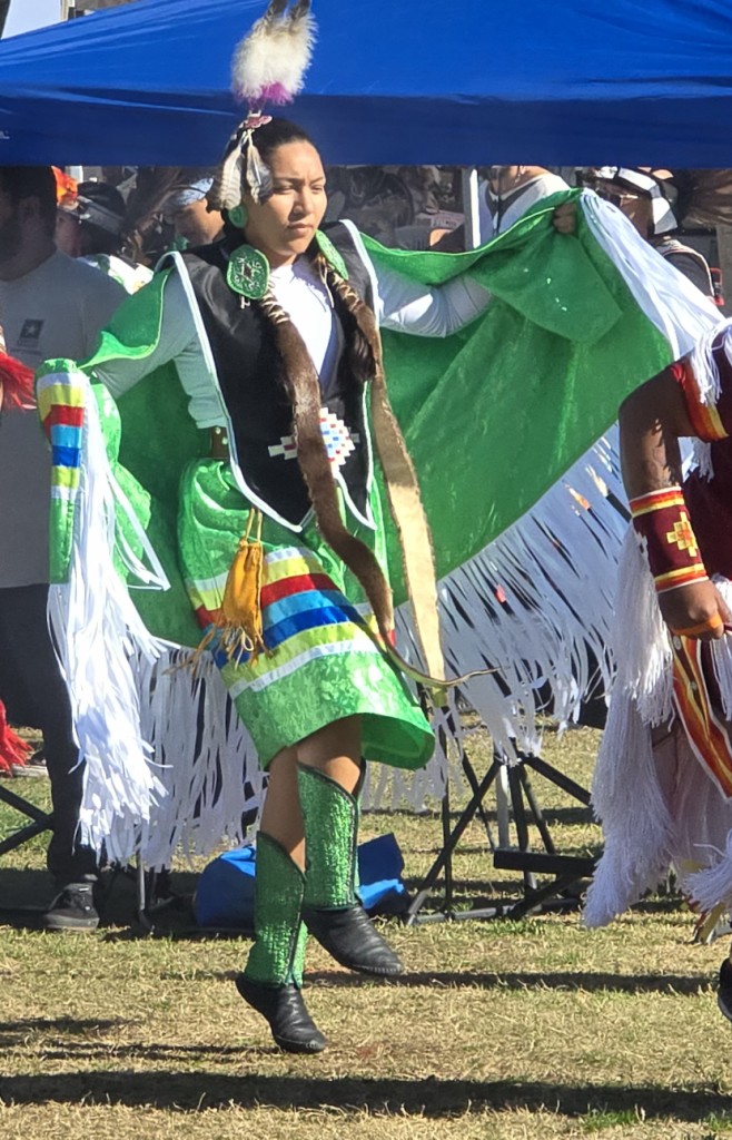 Pahrump Social Powwow 2025: Image of Native American dancer in Fancy Shawl dancing participating in the Grand Entry as seen in powwows: Cedar Band; Cedar City; Duck Valley; Elko; Ely; Fallon; Fort Mojave; Goshute; Las Vegas; Snow Mountain; Las Vegas Snow Mountain; Las Vegas Paiute Tribe; Las Vegas Snow Mountain Paiute; Las Vegas Snow Mountain Paiute Tribe; 33rd annual Las Vegas Snow Mountain Paiute; Moapa; Muckleshoot; Nevada Day; Numaga; Pahrump; Pahrump Valley; Pahrump Valley Social; Pahrump Social; Petrack; Petrack Park; Red Dress; Sacred Visions; San Marcos; San Marcos Apache; Stewart; Sycuan; UNLV; UNR; Univ. of Nev. Reno; and Walker River; & Western Navajo Fair.