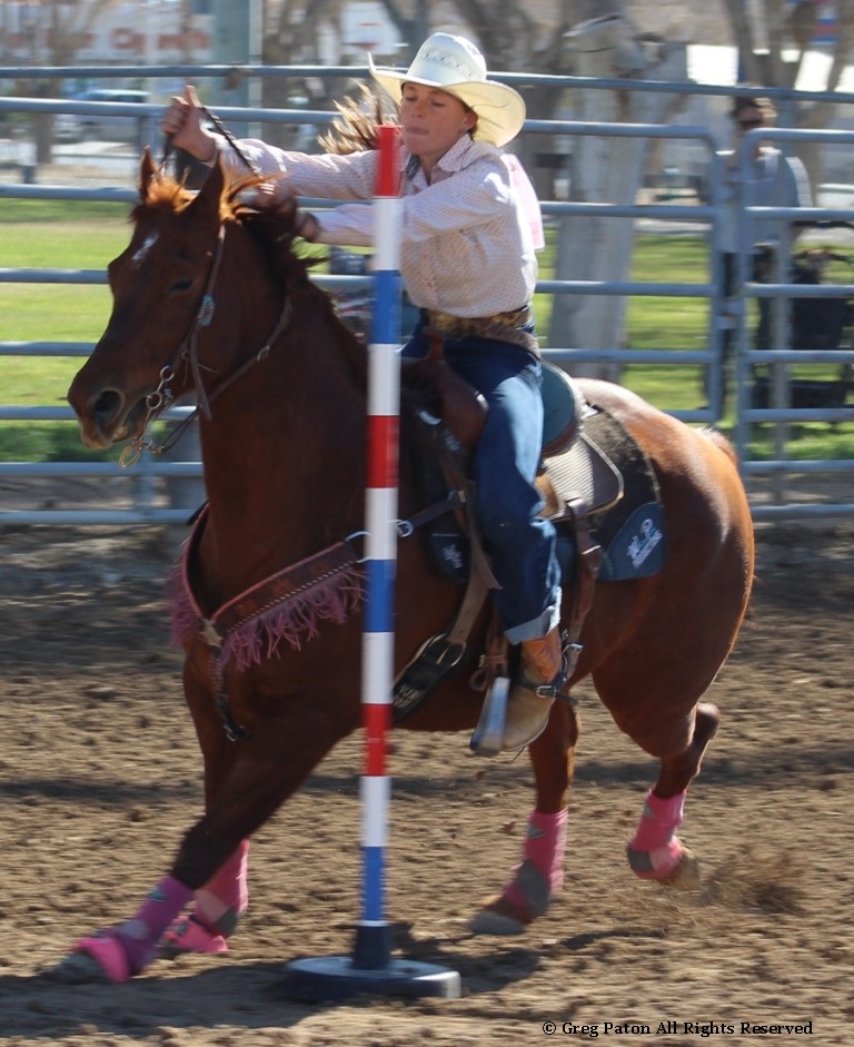 Pole-bending event, contestant races to finish of time trials at McCullough Arena, Pahrump Nevada, as seen in rodeos: Alamo; Alamo HS; Battle Mountain; Battle Mountain HS; Boulder City; Boulder City HS; Pahrump; Pahrump Valley; Pahrump Valley HS; Elko; Elko HS; Eureka; Eureka HS; Fallon; Fallon HS; Fernley; Fernley HS; Humboldt; Humboldt HS; Las Vegas; Moapa Valley; Moapa Valley HS; Spanish Springs; Spanish Springs HS; Washoe; Washoe HS; Wells; Wells HS; White Pine; White Pine HS; NSHSRA; Priefert Pavilion; & South Point; Petrack; & Petrack Park.