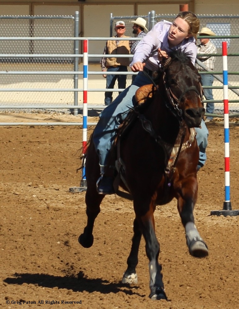 Pole-bending event, contestant races to finish of time trials at McCullough Arena, Pahrump Nevada, as seen in rodeos: Alamo; Alamo HS; Battle Mountain; Battle Mountain HS; Boulder City; Boulder City HS; Pahrump; Pahrump Valley; Pahrump Valley HS; Elko; Elko HS; Eureka; Eureka HS; Fallon; Fallon HS; Fernley; Fernley HS; Humboldt; Humboldt HS; Las Vegas; Moapa Valley; Moapa Valley HS; Spanish Springs; Spanish Springs HS; Washoe; Washoe HS; Wells; Wells HS; White Pine; White Pine HS; NSHSRA; Priefert Pavilion; & South Point; Petrack; & Petrack Park.
