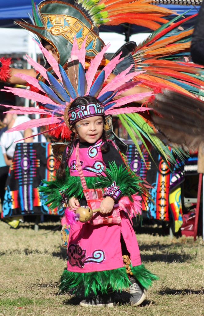 Pahrump Social Powwow 2025: An image of an adorable child, a member of the Gourde dancer troop, dressed in a bright pink outfit.