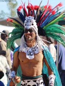 Pahrump Social Powwow Aztec dancer enjoying himself.